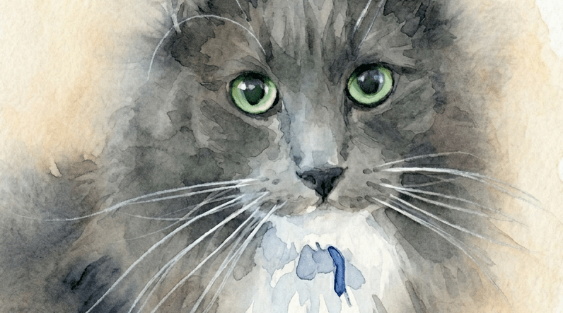 An AI enhanced image of a photo of a gray and white cat wearing a blue bow tie. His eyes are especially intense.