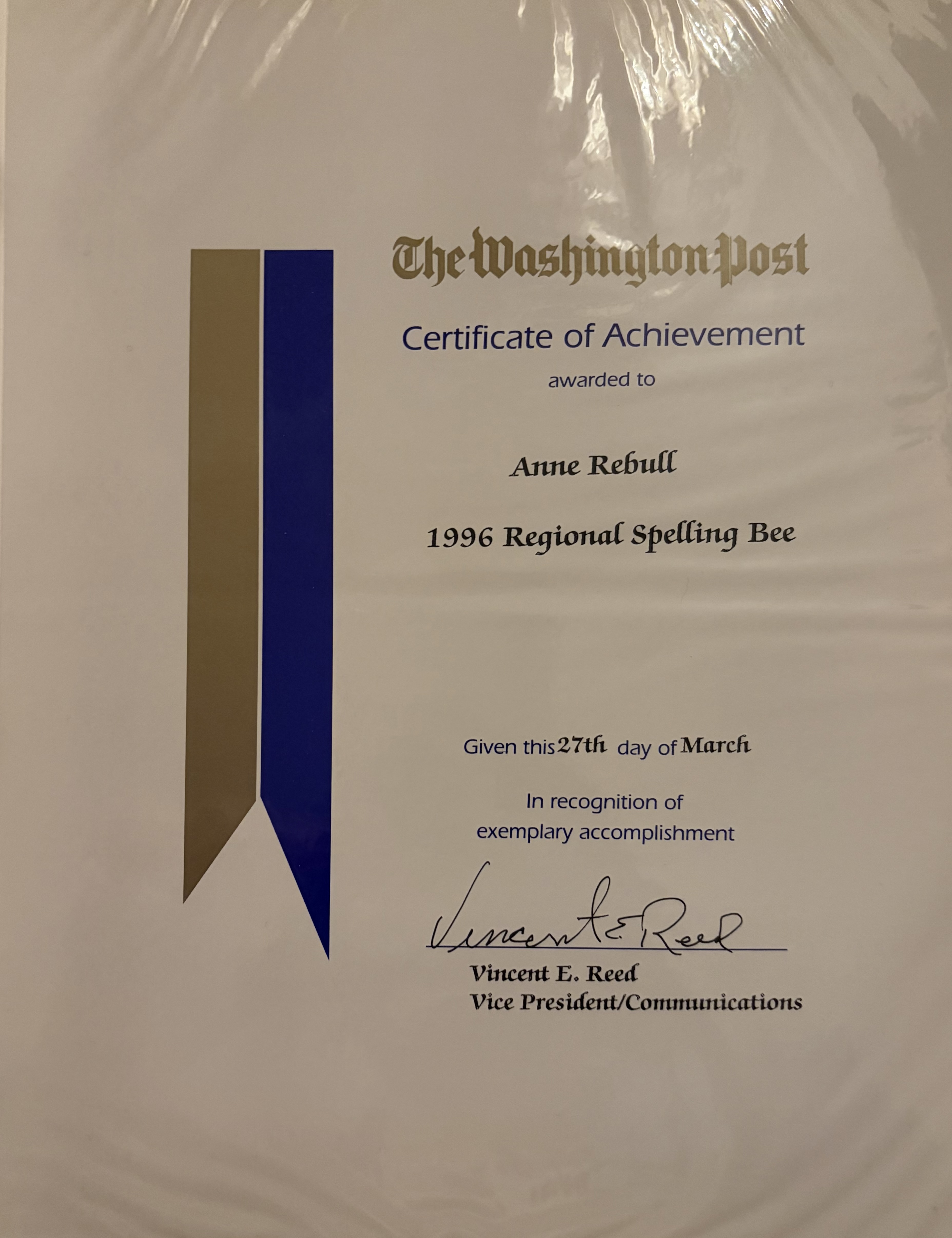 A certificate honoring participation at the regional level of competition that leads to the Scripps National Spelling Bee.