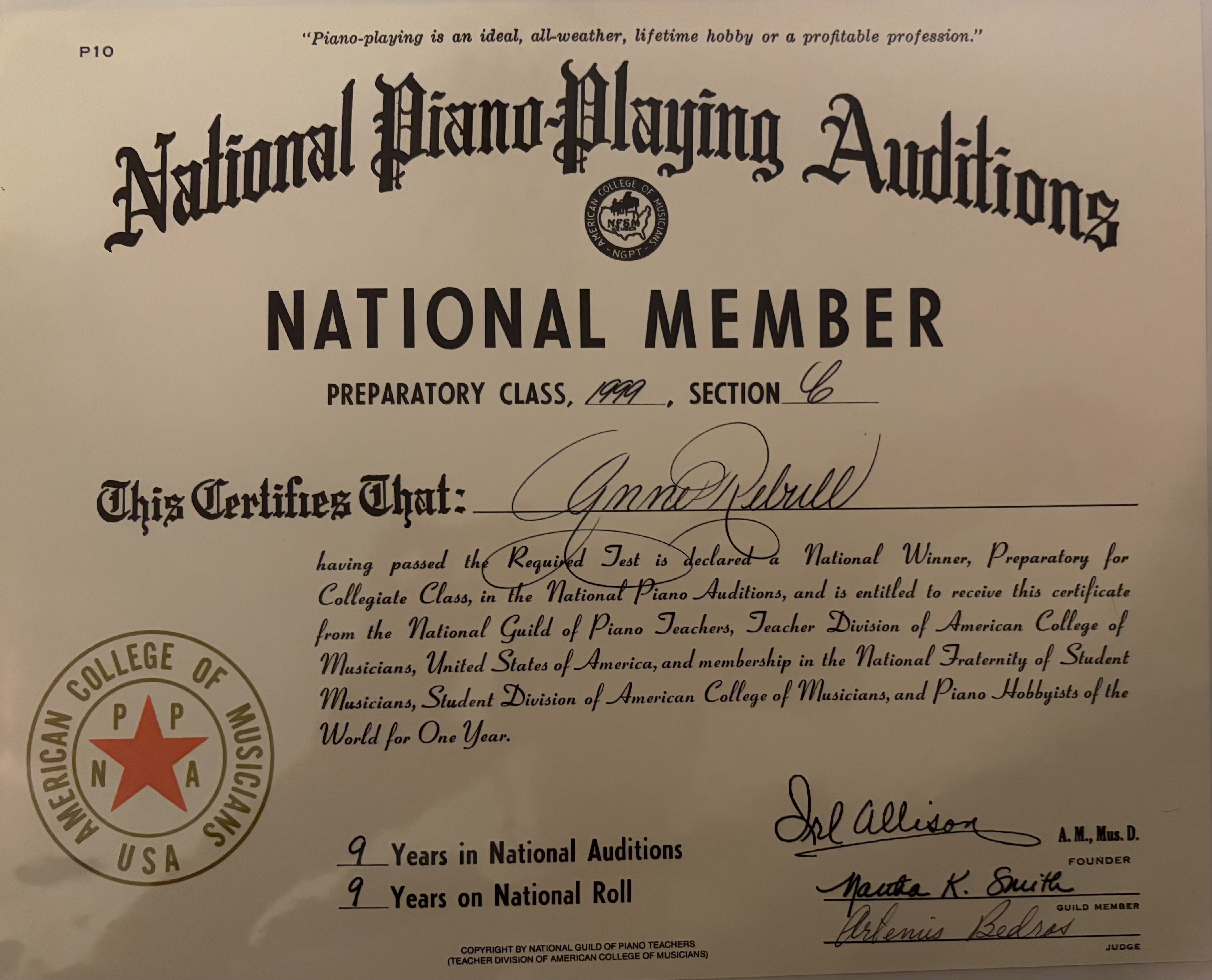 A certificate honoring 9 years of membership in the National Piano-Playing Auditions.