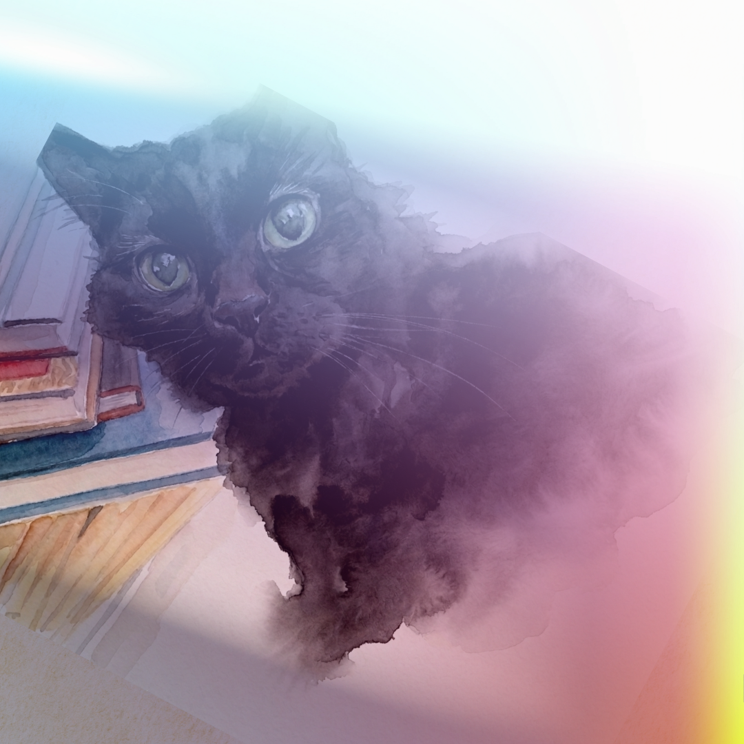 A cat looks inquisitively at the camera next to a falling stack of books through several color and shadow filters. 