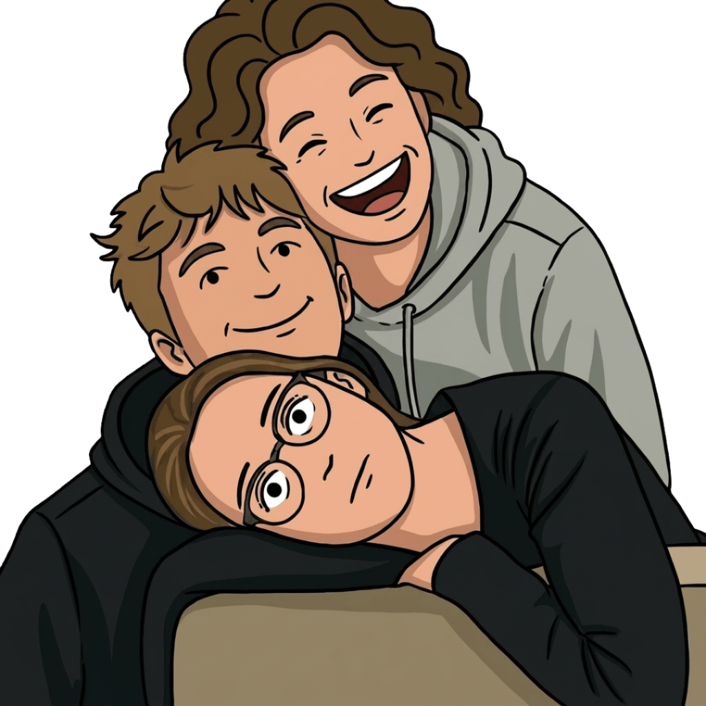 Playful multi-generation family close-up Three people stacked as a human pyramid with facial expressions moving from happy to stressed.